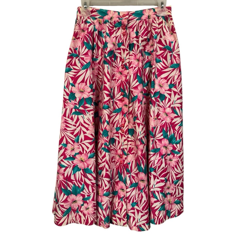 Vintage‎ Button Down Pleated Floral Skirt Pink Teal Hawaiian Maxi XS/S 60s
